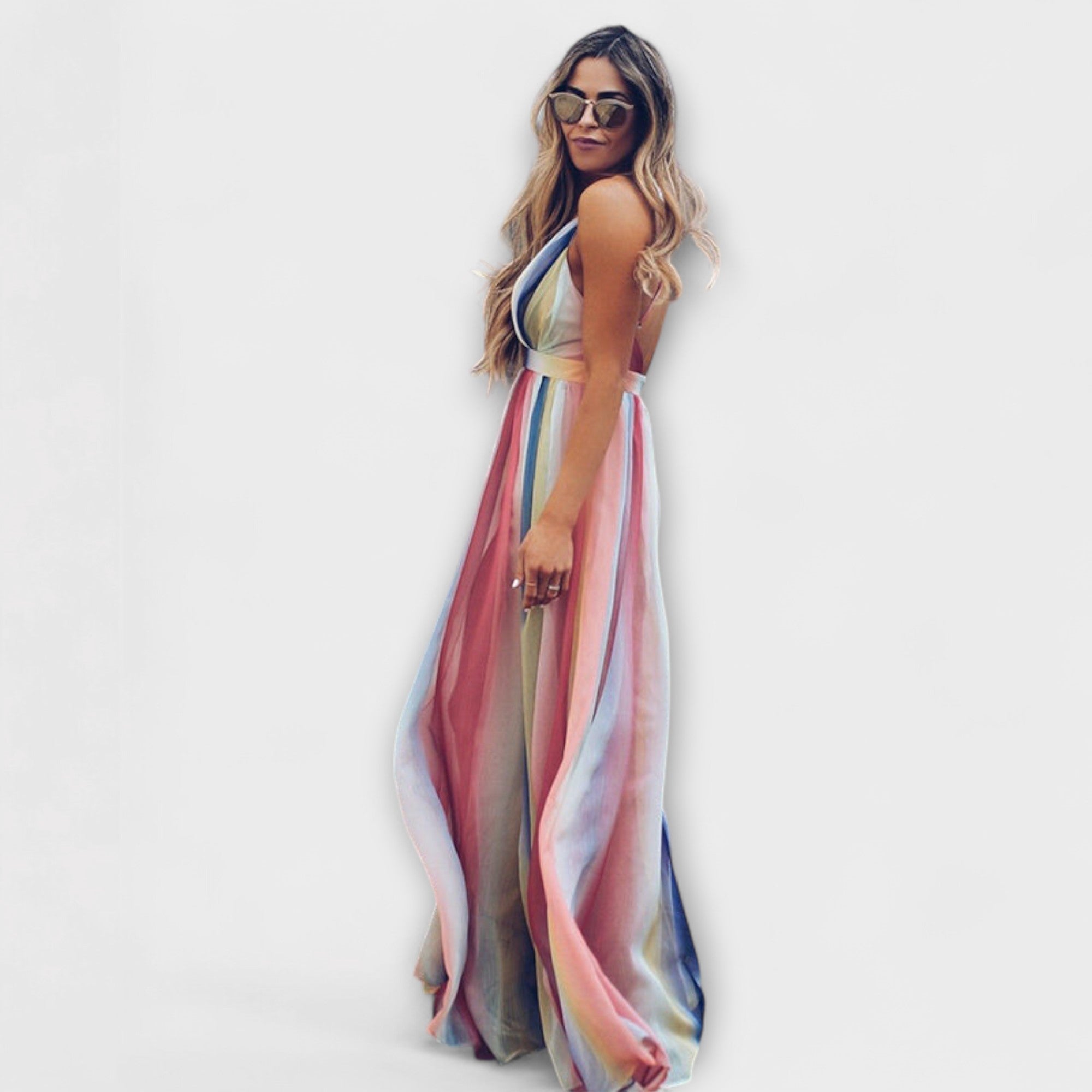 Vestido de Rayas de Colores con Escote V | Aiko