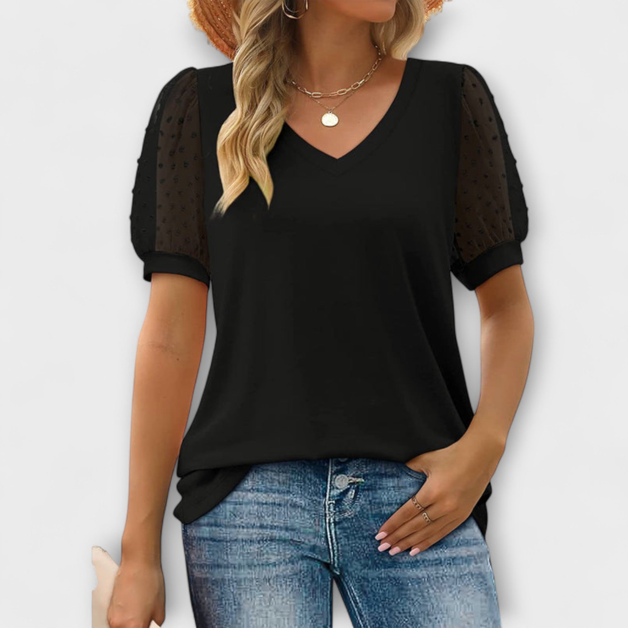 Top con Escote en V y Mangas Transparentes Rema | Bianca