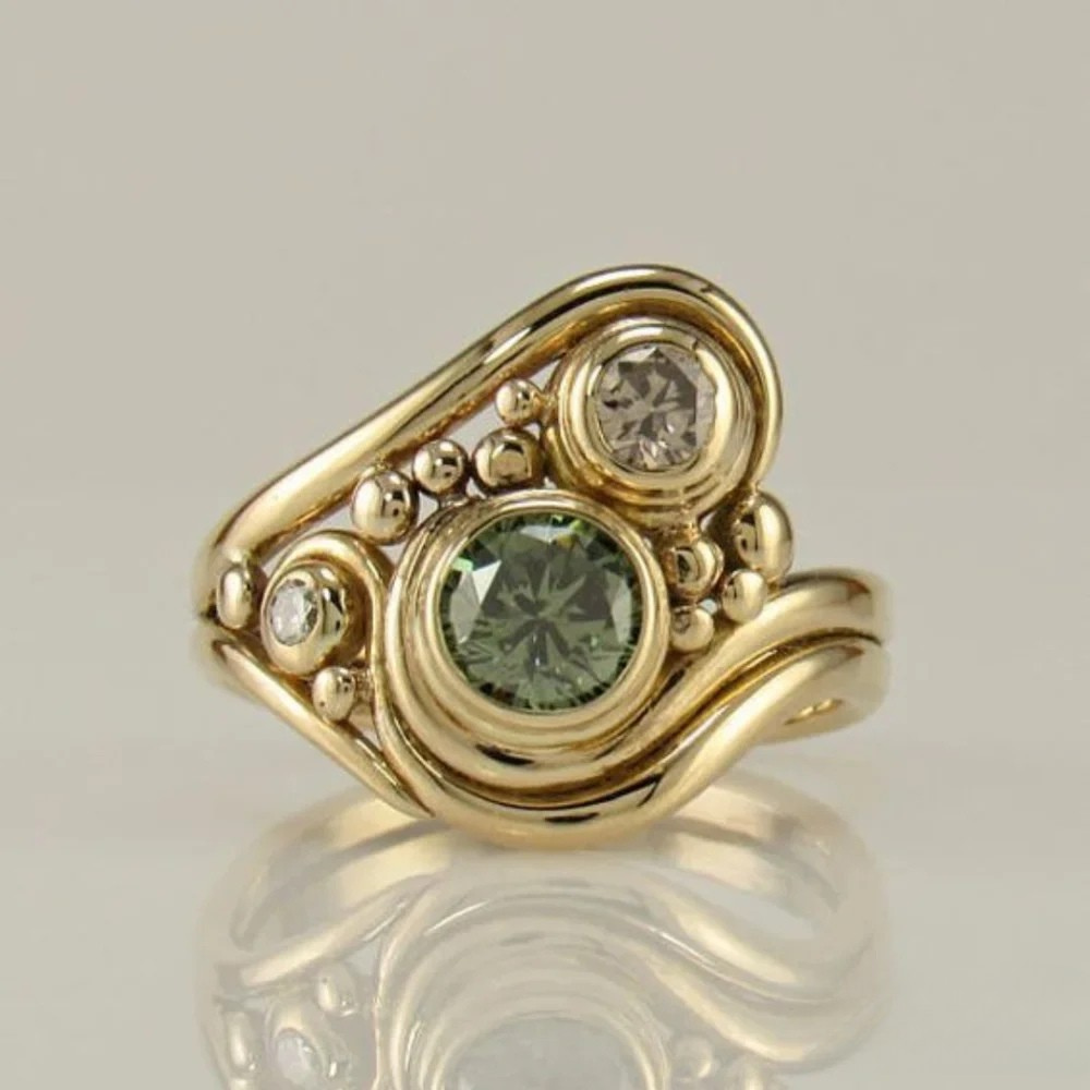 Anillo de Oro Estilo Vintage con Circonita Verde | Verde