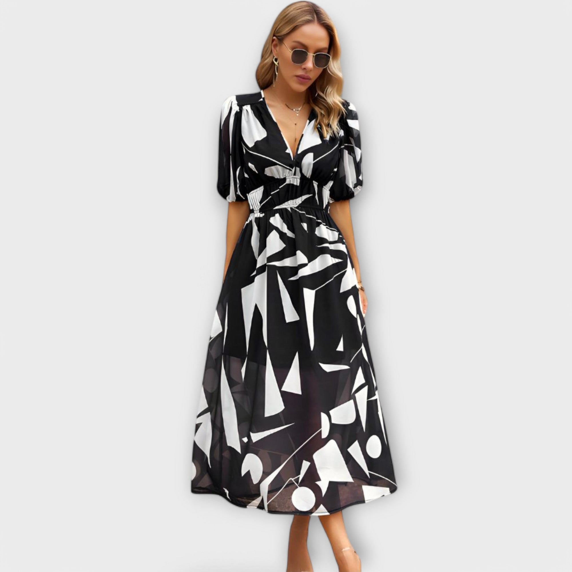 Vestido Largo Abstracto con Mangas Abullonadas | Eduarda