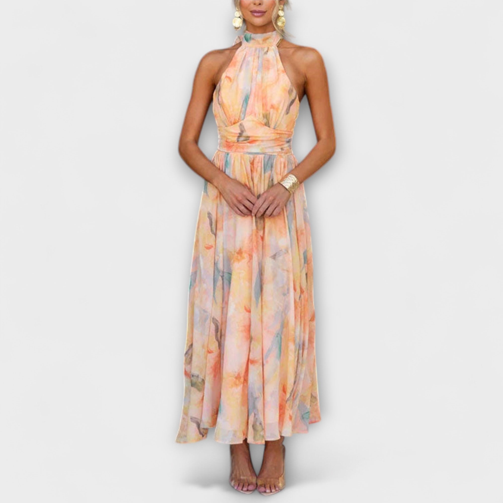 Vestido Largo Estampado Acuarela con Espalda Abierta | Codie